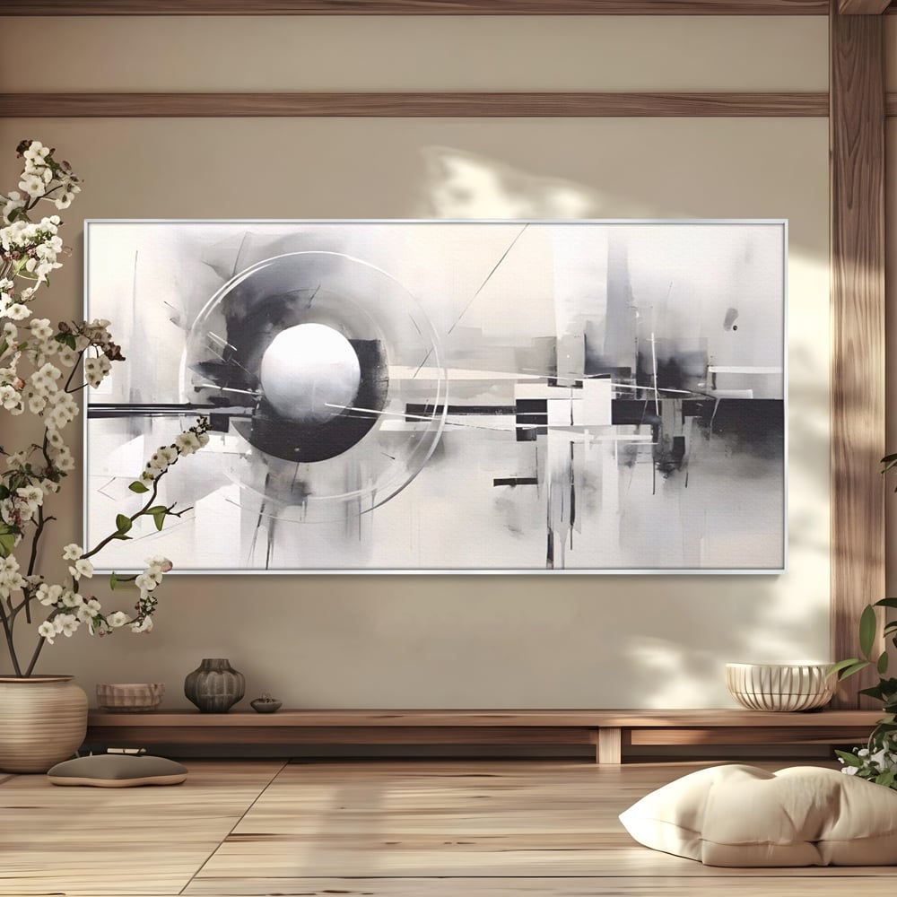 Tablou canvas cu pictura abstracta cu sfera si cercuri, in rama de aluminiu argintiu